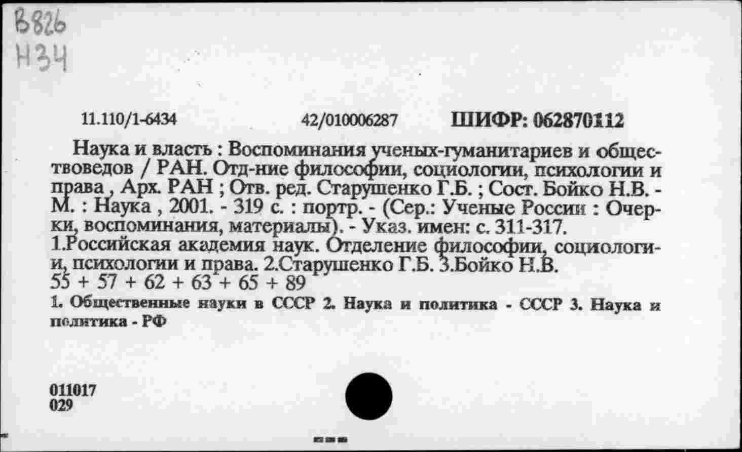 ﻿еда н%ч
11.110/1-6434	42/010006287 ШИФР: 062870112
Наука и власть : Воспоминания ученых-гуманитариев и обществоведов / РАН. Отд-ние философии, социологии, психологии и права, Арх. РАН ; Отв. ред. Старушенко Г.Б.; Сост. Бойко Н.В. -М. : Наука , 2001. - 319 с. : портр. - (Сер.: Ученые России : Очерки, воспоминания, материалы). - Указ, имен: с. 311-317.
1.Российская акг!демия наук. Отделение философии, социологи-и, психологии и права. 2.Старушенко Г.Б. З.Бойко Н.В.
55 + 57 + 62 + 63 + 65 + 89
1. Общественные науки в СССР 2. Наука и политика - СССР 3. Наука и политика - РФ
011017
029